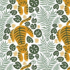 Tiger in the jungle in light green with monstera and fern leaves 12in JUMBO repeat