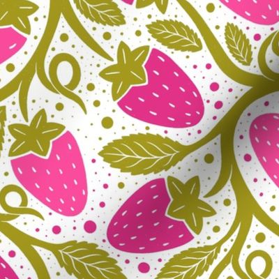 Secret strawberry garden green and pink light background - home decor - bedding - wallpaper - curtains - whimsical.