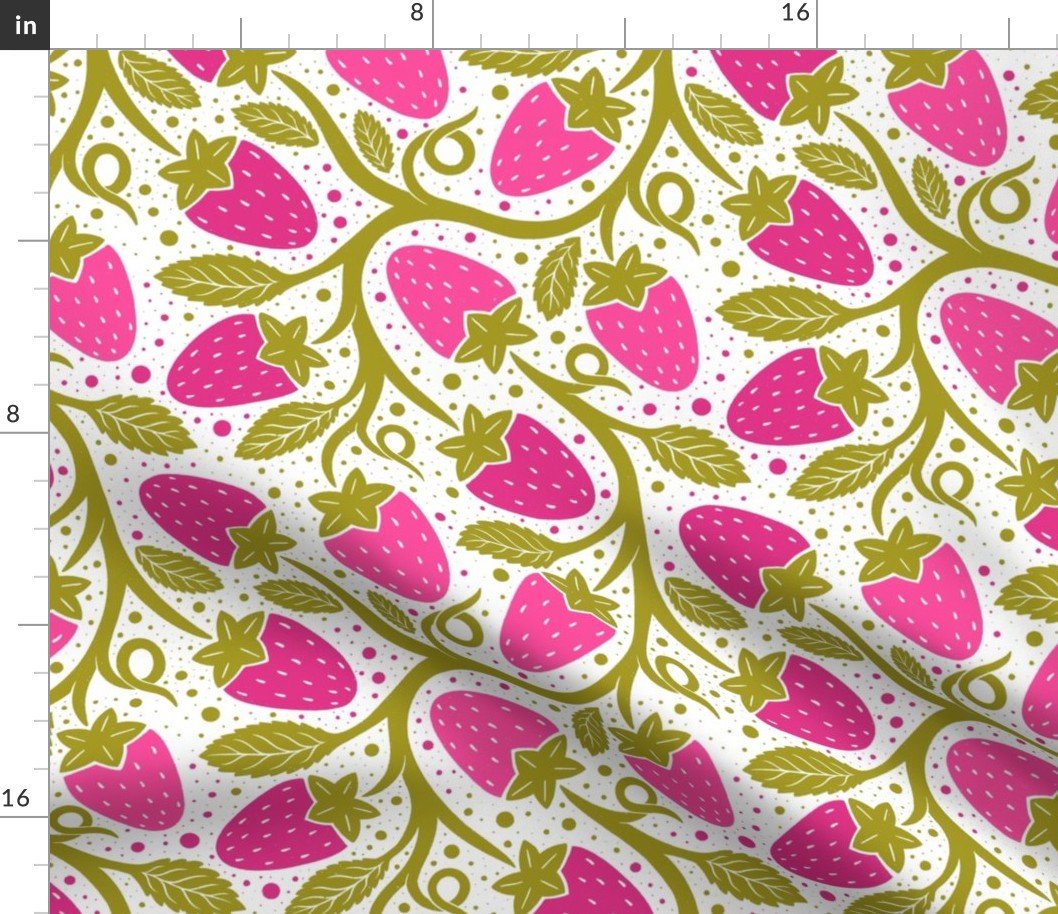 Secret strawberry garden green and pink light background - home decor - bedding - wallpaper - curtains - whimsical.