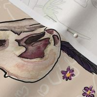  Owl and Raven Skulls + Flowers on Cream - Medium