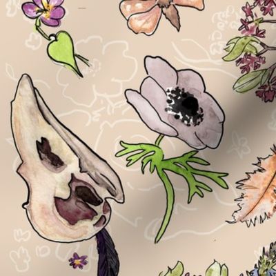  Owl and Raven Skulls + Flowers on Cream - Medium