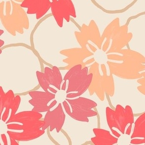 584 - jumbo large scale tossed  peach fuzz, Georgia peach  and coral  pink Sakura blossom floral with organic background circles - for projects that require large  florals like, quilt backing, wallpaper,English style decir, curtains,pillows and romantic t