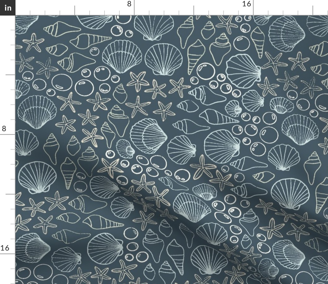 Seashell line art | Medium Scale | Ocean Blue, muted green, creamy white