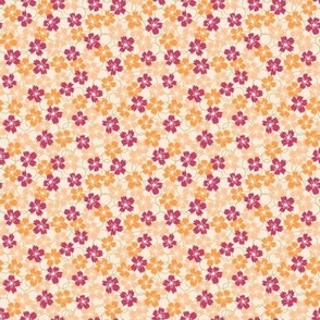 584 - mini micro ditsy peach fuzz and magenta floral with organic background circles - for projects that require tiny florals like patchwork, quilting ,dollhouse decor, baby accessories, hair bows 