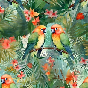 Tropical Print And Lovebirds