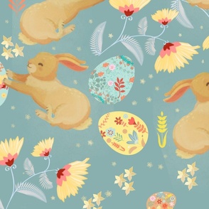 playful bunnies with eggs and flowers