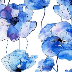 Poppies in Blue Watercolour on White