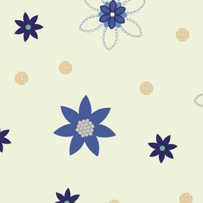 Large Mixed Flowers and Textured Dots on Pale Green Background. 