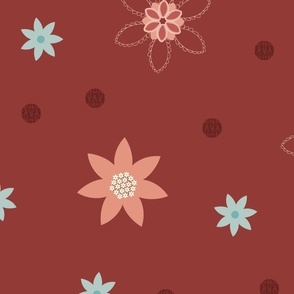 Large Mixed Flowers and Textured Dots on Earthy Red Background. 