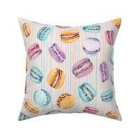 Sweet Treats | Handpainted Watercolor Macarons on Pastel Stripes | Orange, Pink, Lilac, Turquoise | Medium Scale