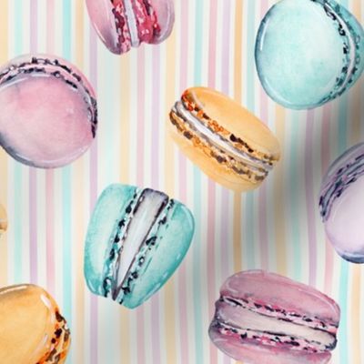 Sweet Treats | Handpainted Watercolor Macarons on Pastel Stripes | Orange, Pink, Lilac, Turquoise | Medium Scale