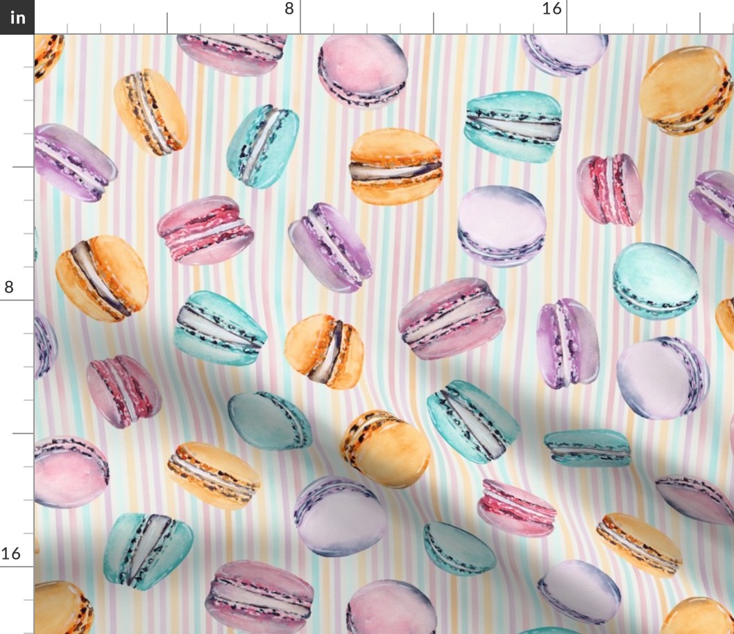 Sweet Treats | Handpainted Watercolor Macarons on Pastel Stripes | Orange, Pink, Lilac, Turquoise | Medium Scale