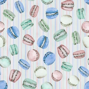 Sweet Treats | Handpainted Watercolor Macarons on Pastel Stripes | Blue, Green, Red, Pink | Medium Scale