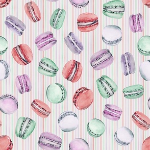 Sweet Treats | Handpainted Watercolor Macarons on Pastel Stripes | Green, Red, Pink, Peach, Purple | Medium Scale