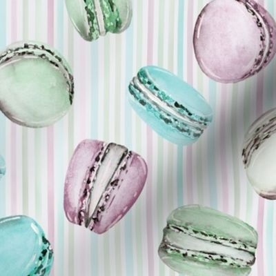 Sweet Treats | Handpainted Watercolor Macarons on Pastel Stripes |  Green, Pink, Turquoise, Purple | Medium Scale