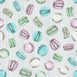 Sweet Treats | Handpainted Watercolor Macarons on Pastel Stripes |  Green, Pink, Turquoise, Purple | Medium Scale