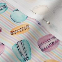Sweet Treats | Handpainted Watercolor Macarons on Pastel Stripes | Orange, Pink, Lilac, Turquoise | Small Scale