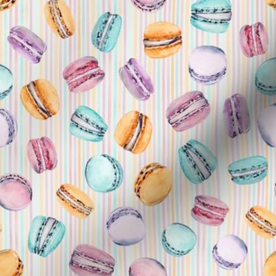 Sweet Treats | Handpainted Watercolor Macarons on Pastel Stripes | Orange, Pink, Lilac, Turquoise | Small Scale