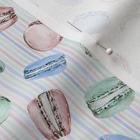 Sweet Treats | Handpainted Watercolor Macarons on Pastel Stripes | Blue, Green, Red, Pink | Small Scale