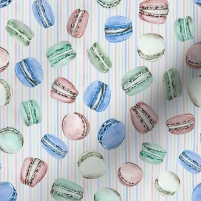 Sweet Treats | Handpainted Watercolor Macarons on Pastel Stripes | Blue, Green, Red, Pink | Small Scale