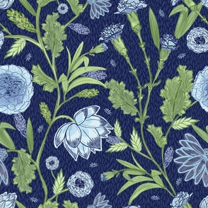 Blue and Green Carnation Indian Floral Block Print on Navy