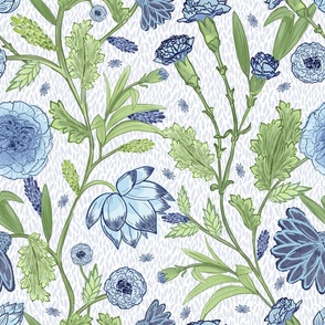 Blue and Green Carnation Indian Floral Block Print on White