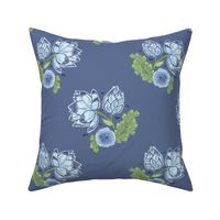 Blue and Green Carnation Indian Floral Block Print Posy on Blue