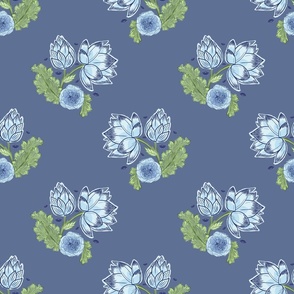 Blue and Green Carnation Indian Floral Block Print Posy on Blue