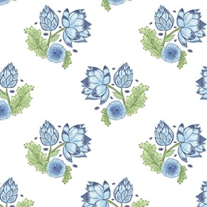 Blue and Green Carnation Indian Floral Block Print Posy on White