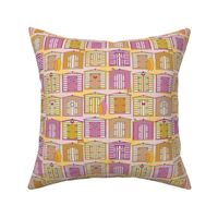 Sunny beach hut wallpaper (small scale) - a bright and colourful beach hut print in pink, orange and yellow