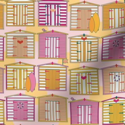 Sunny beach hut wallpaper (small scale) - a bright and colourful beach hut print in pink, orange and yellow