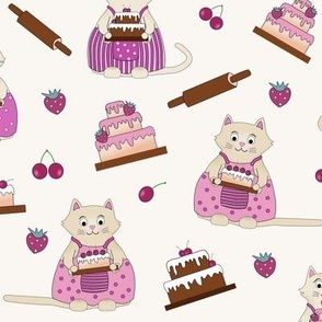 Birthday cakes, strawberries, cherries, cats, pie and rolling pins.