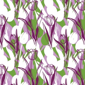 Tulips, purple, white, green, middle.