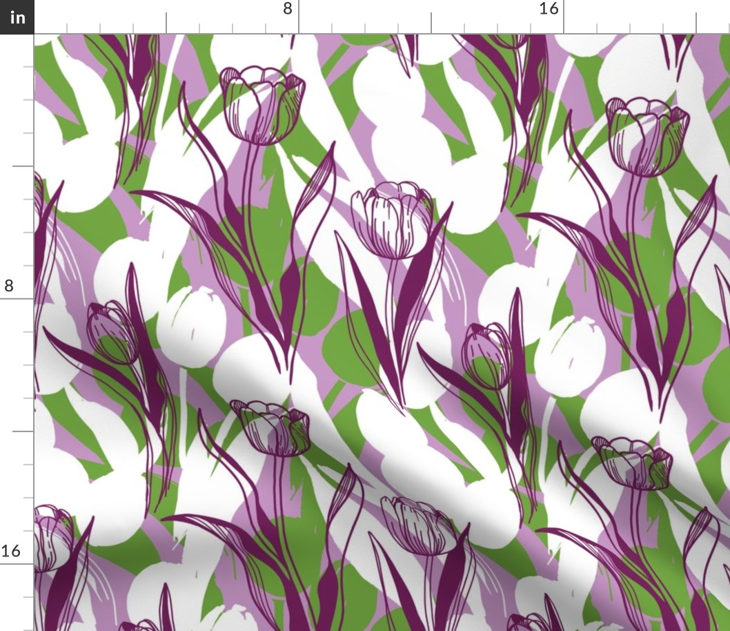 Tulips, purple, white, green, middle.
