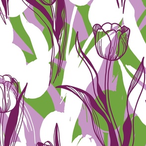 Tulips, purple, white, green.