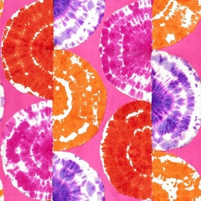 Retro tie-dye handcrafted geometric pattern with half circles in vibrant pink, red, orange, large