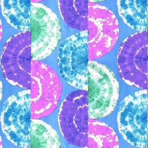 Retro tie-dye handcrafted geometric pattern with half circles in vibrant blue, aqua, pink, small