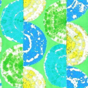 Retro tie-dye handcrafted geometric pattern with half circles in vibrant yellow, aqua, green, large