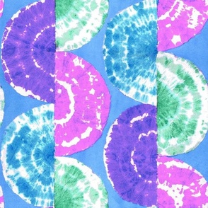 Retro tie-dye handcrafted geometric pattern with half circles in vibrant blue, aqua, pink, large