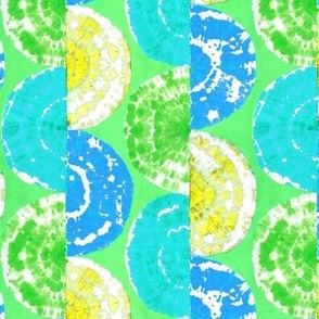 Retro tie-dye handcrafted geometric pattern with half circles in vibrant yellow, aqua, green, small