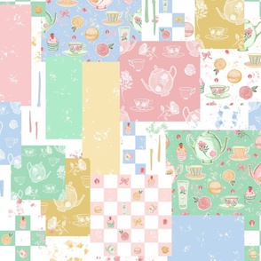 Vintage Indulgence cheaters quilt - teapots, roses, cupcakes, bath bombs
