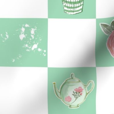 Vintage Indulgence check teapots, teacups and roses on green