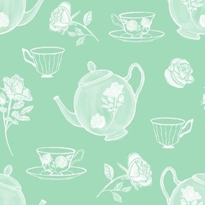 Vintage Indulgence watercolor teapots,  teacups and roses on green