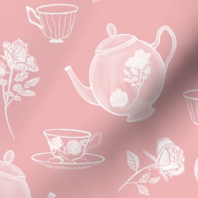 Vintage Indulgence teapots_ teacups and roses on pink
