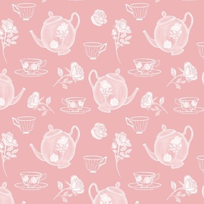 Vintage Indulgence teapots_ teacups and roses on pink