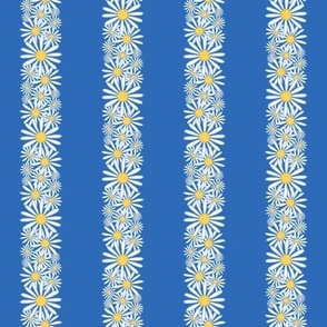 S – Blue Daisy Stripes – Retro Vintage Summer Floral Vertical Pinstripe