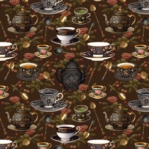 5,25" Vintage Tea Cup and Spoon Pattern with a Floral Motif | Nostalgic | Dark Brown Background