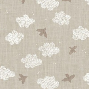 Birds and Clouds - Neutral Nursery Sky Wallpaper in Earthy Brown