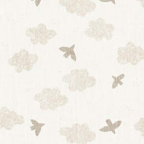 Birds and Clouds - Neutral Nursery Sky Wallpaper in Cream