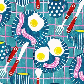 Happy Breakfast Bacon and Eggs on Teal Retro Screen Print Style Large